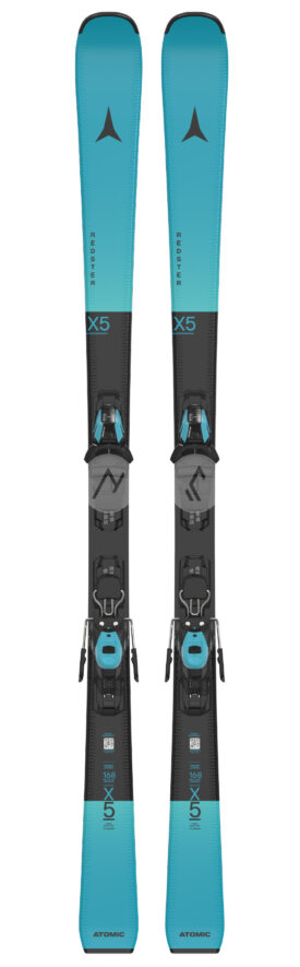 Pair of turquoise and black Atomic X5 alpine skis with bindings, shown side by side in full length.